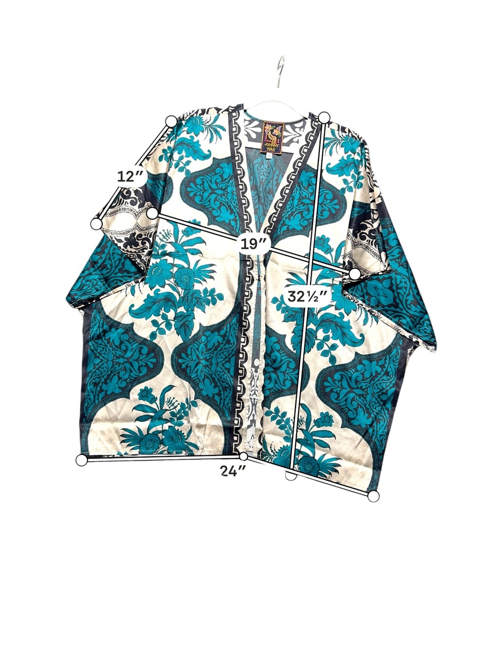 Johnny Was Emerald Green Black and Cream Floral Silk Kimono Top - Picture 5 of 7